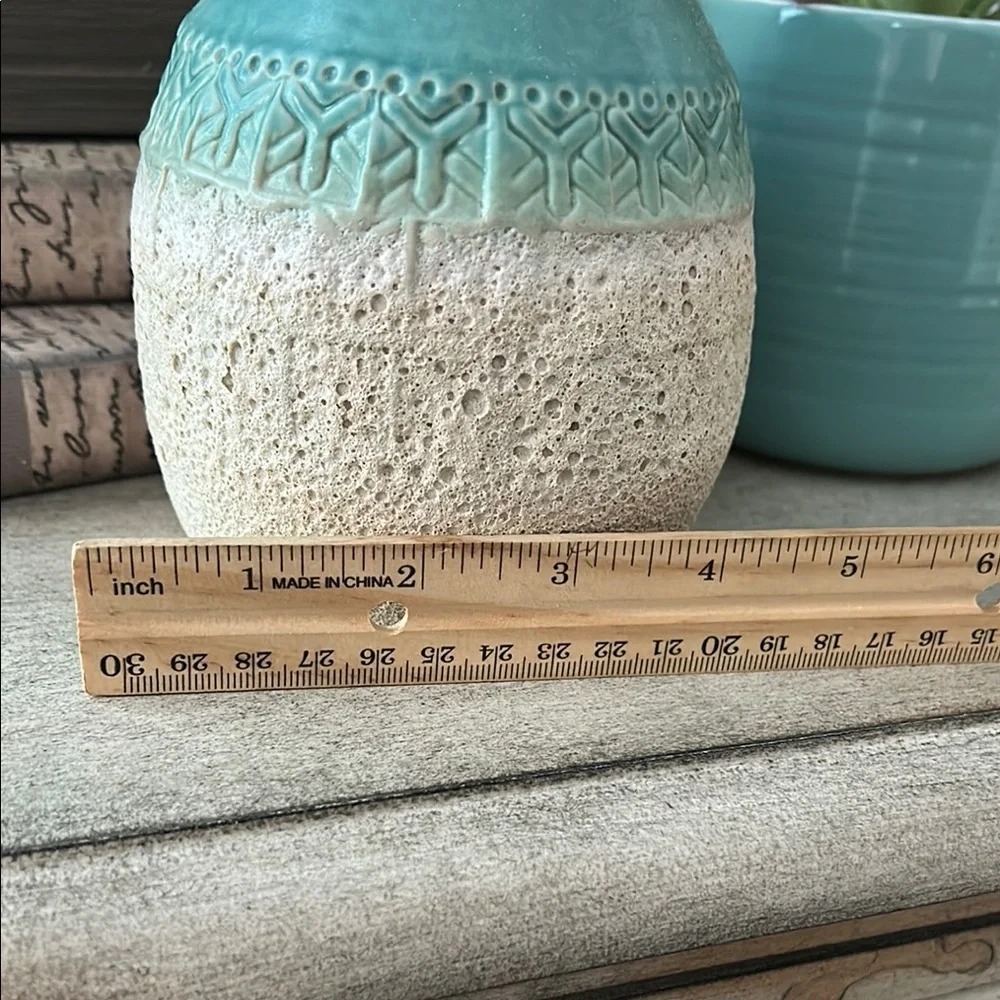 Aqua Blue Turquoise and Beige Textured Ceramic Vase